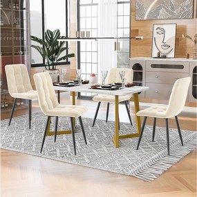 Zestaw stołowy 117 x 68 cm z 4 krzesłami tapicerowanymi welurem - nogi metalowe w kolorze złotym - Biały + beżowy