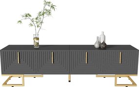 Stojak pod TV z 4 drzwiami - 170 x 40 x 45,5 cm - Złote uchwyty i nogi - Płyta wiórowa - Szary