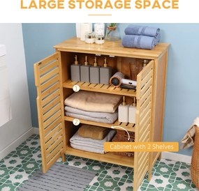 kleankin Szafka łazienkowa, Bambusowy szafek z lamelami do łazienki, korytarza, kompaktowy rozmiar, dużo miejsca do przechowywania, Drewno naturalne