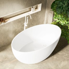 Zestaw KALMI z konglomeratu w kolorze białym matowym wanna wolnostojąca i umywalka wolnostojąca z konglomeratu