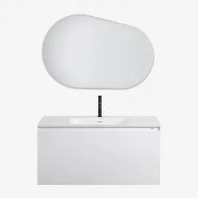 Zestaw Wiszących Mebli Łazienkowych Zintegrowany Z Umywalką Macrae Biała & Owalna Lampa Led I Przeciwmgielna 100x80 Cm Riben & Czarny Matowy ↑20 Cm Z