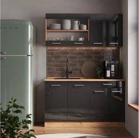 Pojedyncza kuchnia antracytowy wysoki połysk/złoty dąb power 140x60x81.6 r-line