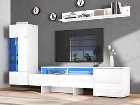 Zestaw mebli TV 3 części - Meble TV + witryna + półka ścienna - Oświetlenie LED - 2 drzwi + 2 szuflady - Wykończenie błyszczące - Biały