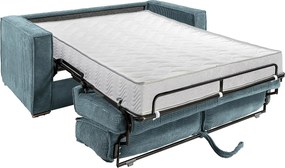 Kanapa 4-osobowa rozkładana typu express z błękitnego weluru sztruksowego, z siedziskiem z pianki z pamięcią kształtu - Powierzchnia spania na szerokich listwach 160 cm - Materac 18 cm LORETO