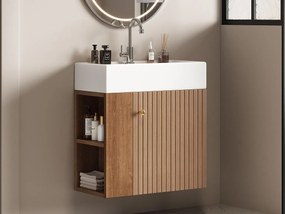 Wisząca szafa łazienkowa z kwadratową umywalką - 4 przegródki - Brązowy (bateria nie jest w zestawie)