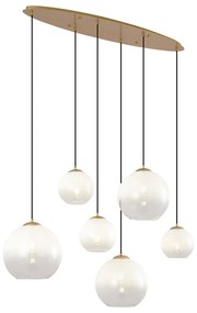 Lampa wisząca w stylu Hotel Chic mosiężna z białym szkłem prostokątna 6-punktowa - MistyElegancki hotelowy Oswietlenie wewnetrzne