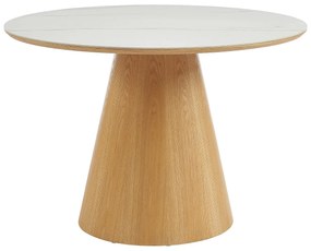 Okrągły stół do jadalni dla 4 osób z ceramiki i forniru jesionowego - Efekt białego marmuru i jasnego naturalnego drewna - ANTALIZA