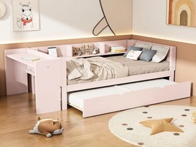 Łóżko wysuwane 90 x 200 cm + 90 x 180 cm z biurkiem i 3 półkami - lite drewno sosnowe - stelaż z listew - różowe