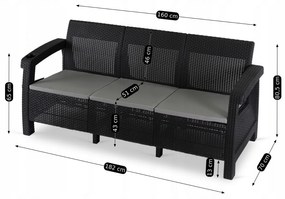 Sofa Ogrodowa FLINT Technorattan Czarna Trzyosobowa