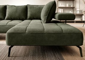 Nowoczesny narożnik Nalik L z eleganckimi przeszyciami oraz zagłówki na metalowych uchwytach