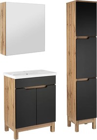 Zestaw Łazienkowy 60cm 2D Alma Słupek Szafka z Lustrem Dąb Wotan / Czarny Mat