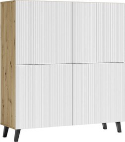 Nowoczesna wysoka komoda 120 cm na nóżkach do salonu, artisan, fronty MDF białe drobne ryfle