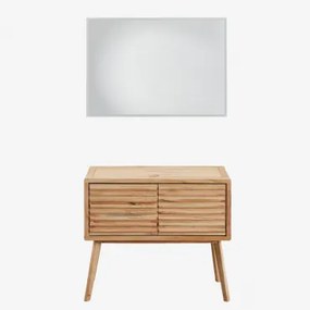 Zestaw Mebli Łazienkowych Z Drewna Deleyna Naturalna & Without Sink & Prostokątna Lampa Led I Przeciwmgielna 100x70 Cm Riben & Bez Kranu - Sklum