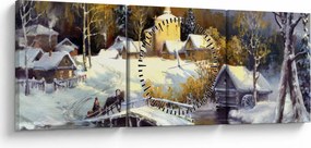 Obraz - Zimowe miasteczko (z zegarem) (90x30 cm)