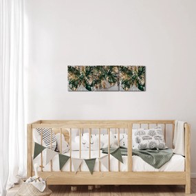 Obraz - Złoto - zielone tropikalne liście (z zegarem) (90x30 cm)