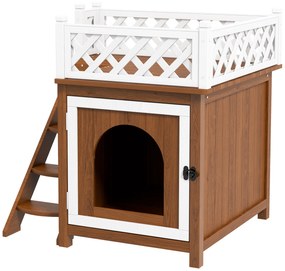 PawHut Dwupoziomowy Domek dla Kota z Balkonem i Schodami, dla Wewnątrz i Na Zewnątrz, dla Kotów i Królików, Drewno Świerkowe, Brązowy