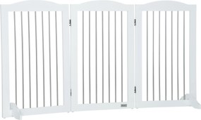 PawHut Bramka dla psa barierka zabezpieczająca ogrodzenie ochronne na schody wolnostojące składane z podstawą 3 panele 154x30x80 cm białe | Aosom PL