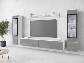 Zestaw mebli do salonu z LED 4 elementy – szafka RTV 180 cm, 2 witryny i półka, stojąca lub wisząca, korpus biały mat, fronty szary połysk
