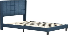 Łóżko tapicerowane z wezgłowiem - 140 x 200 cm - tkanina lniana - boxspring + materac - niebieskie