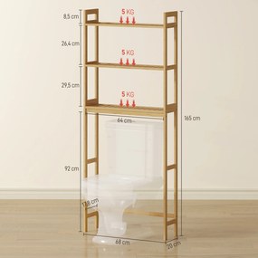 kleankin Regał łazienkowy Regał na toaletę, 3 półki, wodoodporny, 68 cm x 20 cm x 165 cm, Naturalny