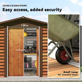 Outsunny Szopa Ogrodowa, Szopa na Narzędzia, Domek Ogrodowy z Oknami, Odporna na Warunki Atmosferyczne, Wygląd Drewna, Stal, 152 x 235,7 x 208,7 cm, Brązowa