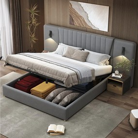 Łóżko z pojemnikiem na pościel 180 x 200 cm - z zagłówkiem, portem USB, stelaż - aksamit - szare - materac nie jest wliczony w cenę