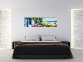 Obraz ogrodu przed domem, obraz olejny (170x50 cm)