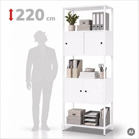 Regał na segregatory z szafką zamykaną, biurowy, otwarte półki, metalowy biały, 800x2200x400 mm: ARIEL