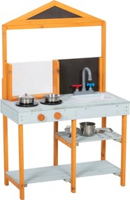 AIYAPLAY Kuchnia do zabawy w błocie dla dzieci, ogrodowa drewniana kuchnia z płytą grzewczą, wyjmowanym zlewem i półkami, dla dzieci 3–8 lat, jasnoniebieska | Aosom PL