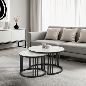 Zestaw Stolików Kawowych JERRY Biały Marmur/Czarny do Salonu Nowoczesny