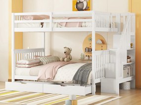 Łóżka piętrowe dla dzieci 2 x 140 x 200 cm - półka schodowa + 2 szuflady - drewno MDF - białe