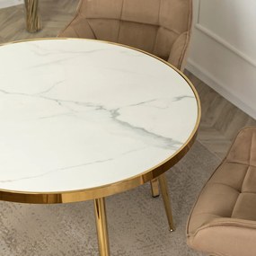 Stół Okrągły TINGA 100 cm Biały Marmur/Złoty Glamour