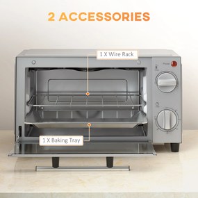 HOMCOM Minipiekarnik 9L, Mini piekarnik z blachą, rusztem, regulowaną temperaturą i czasem pieczenia, stal nierdzewna, srebrny