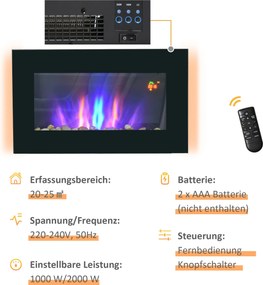 HOMCOM Elektryczny kominek ścienny LED z efektem ognia 1000W 2000W pilot zdalnego sterowania | Aosom PL