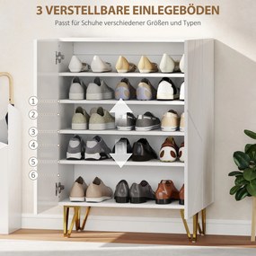 HOMCOM Szafka na buty z 2 drzwiami, regał na buty, przechowywanie obuwia z 3 regulowanymi półkami 72 x 31,5 x 95 cm, Biały