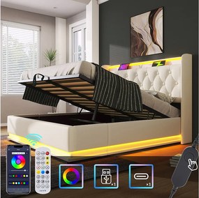 Łóżko z pojemnikiem 180 x 200 cm i zagłówkiem - Gniazda USB i diody LED - Skóra ekologiczna - Wzór guzików - Białe (bez materaca)
