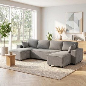 HOMCOM Narożnik z podwójnymi szezlongami, sofa w kształcie litery U z sztruksu, szerokie i głębokie siedzisko, sprężyny kieszeniowe, Jasnoszary | Aosom PL