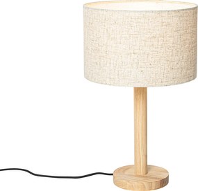 Rustykalna lampa stołowa drewniana z abażurem z lnu beżowym 25 cm - Mels
