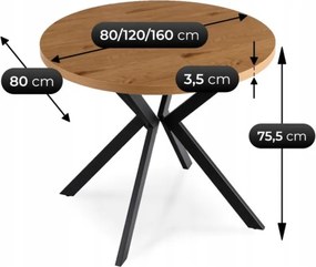 Stół Okrągły Rozkładany DORIAN 80-160 cm Dąb Złoty/Czarny Nowoczesny