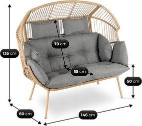 Fotel ogrodowy 2-osobowy kokon Belira, technorattan, boho, z szarymi poduszkami