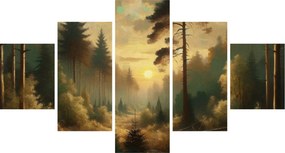 Obraz - Słońce świecące przez las (125x70 cm)