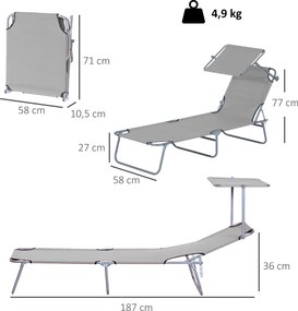 Outsunny Leżak ogrodowy składany z daszkiem przeciwsłonecznym na plażę wellness szary 187x58x36 cm | Aosom PL