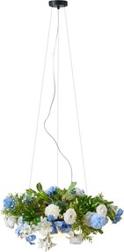 Bohemska lampa wisząca czarna z kolorowymi kwiatami niebiesko-białymi - Flower Power