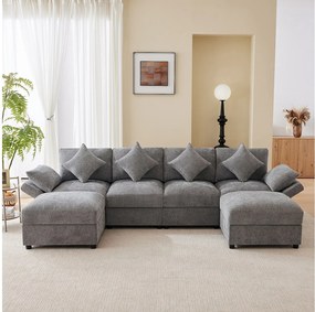 Zestaw wypoczynkowy 6-osobowy - 284 x 156,5 x 86 cm - z 2 pufami + regulowanymi podłokietnikami + 4 poduszkami + 2 zagłówkami - welur - szary
