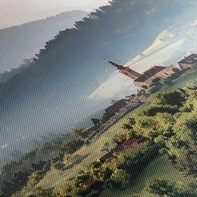 Obraz - wieś we mgle (z zegarem) (90x30 cm)