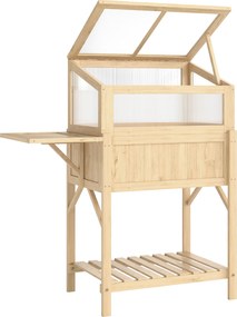 Outsunny Podwyższona grządka z nasadką szklarniową z drewna Skrzynka do sadzenia ze szklarnią składana boczna półka dolna półka Drewno naturalne | Aosom PL