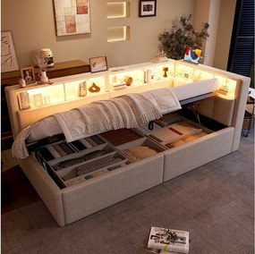 Sofa dziecięca rozkładana - 90 x 200 cm - z USB + Type-C + schowek hydrauliczny + półka + diody LED - len - beż