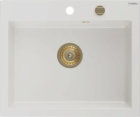 Mexen Elix zlewozmywak granitowy 1-komorowy 600 x 500 mm, biały, syfon złoty - 6525601005-20-G