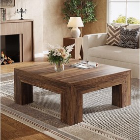 Kwadratowy stolik kawowy do salonu, niski duży stolik kawowy w kolorze ciemnobrązowym