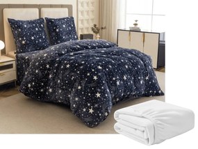 PrzytulneMieszkanie.pl PrzytulneMieszkanie.pl PrzytulneMieszkanie.pl Zestaw 2 szt. pościeli z mikropluszu STARLIGHT ciemnoniebieskie + prześcieradło z mikropluszu SOFT 180x200 cm białe, podwójne łóżko